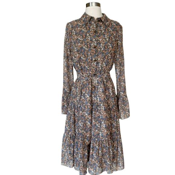 MIKAEL AGHAL Floral Shirt Dress Button Down Midi Crepe Chiffon Belt Tiered 6 NWT - Picture 12 of 12